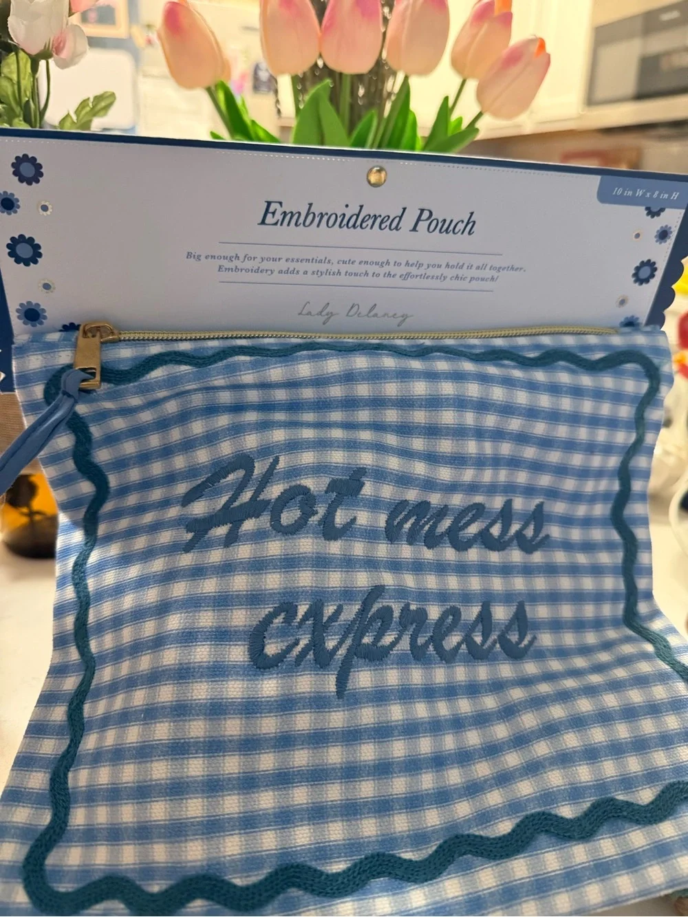 🌷NEW🌷Embroidered 'Hot Mess Express' Blue Gingham Pouch